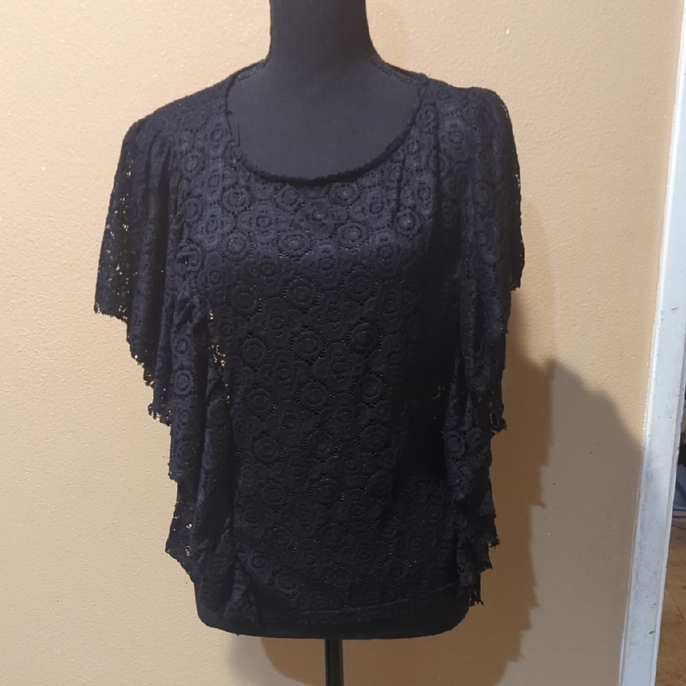 Black Asymmetrical Ruffled Flutter Sleeve Blouse